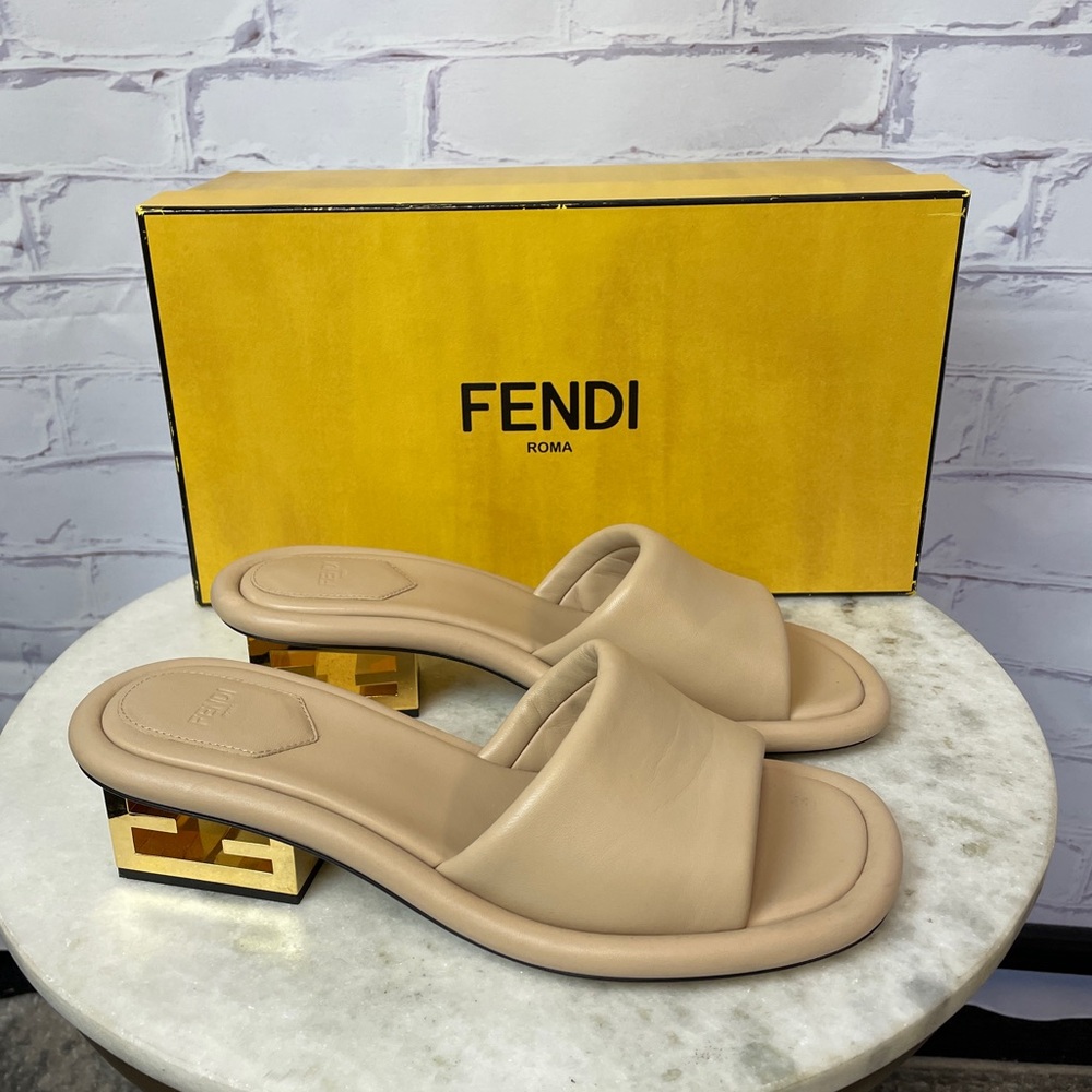 Fendi Beige Leather Slide Sandals with Gold Logo Heel